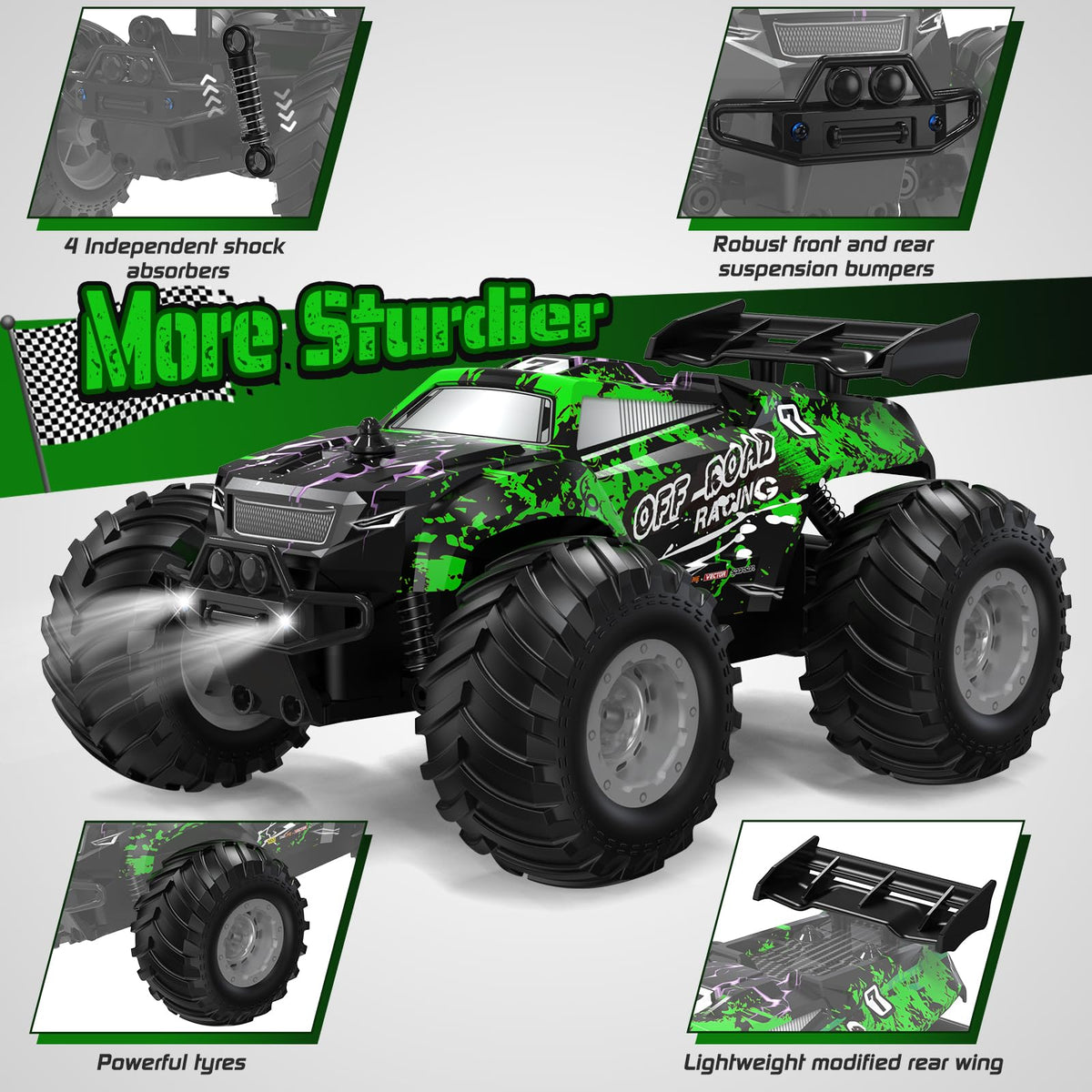 Hielse remote control car off-road stance indicates strong grip.