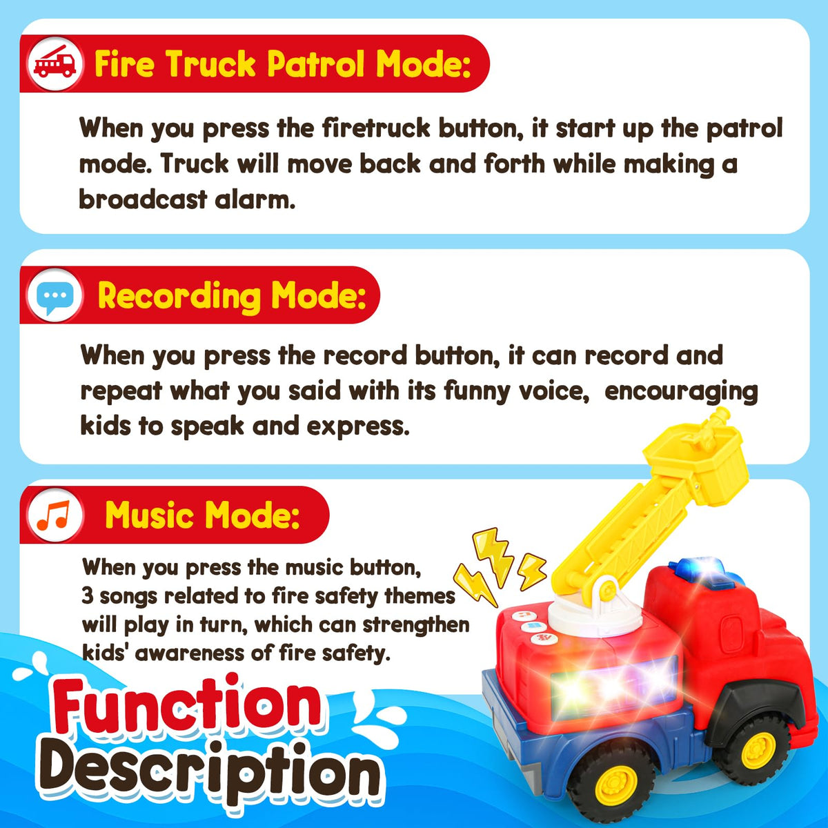 Hieoby fire truck three fire-safety songs boost early learning and rhythm.