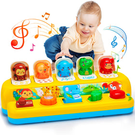 Hieoby interactive pop-up toy close-up showing buttons for fine motor play.