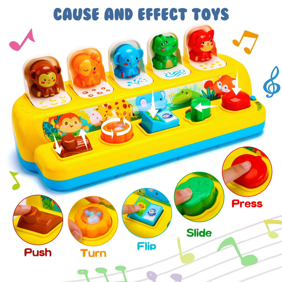 Hieoby interactive pop-up toy in music and light mode to boost engagement.