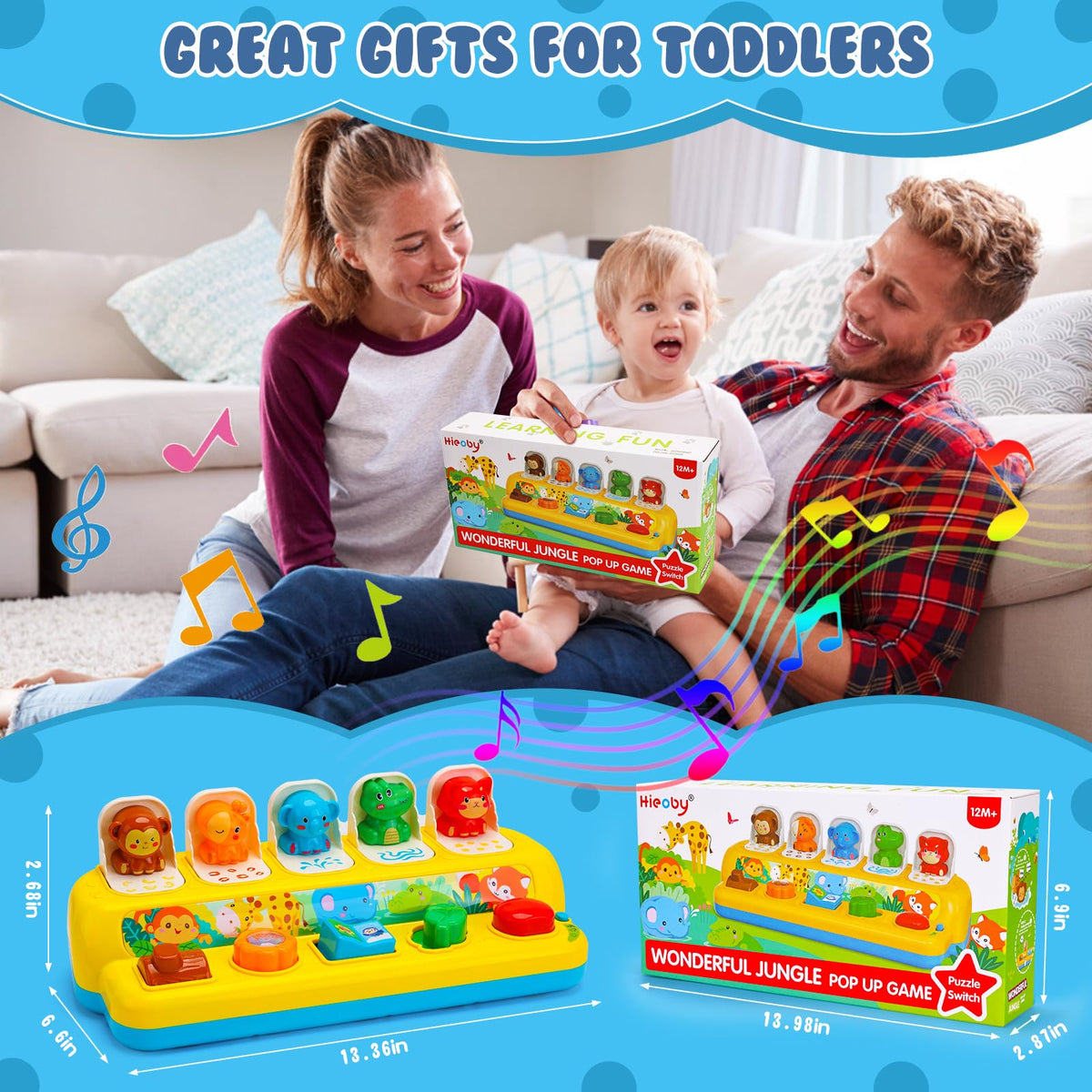 Hieoby pop-up toy in game mode with lights inviting exploration and discovery.