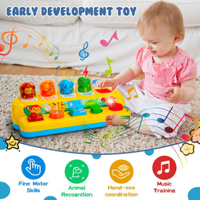 Hieoby pop-up toy in learning mode triggering animal sounds for recognition.