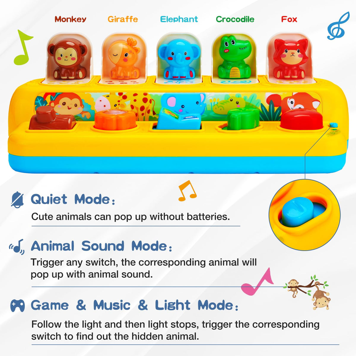 Hieoby pop-up toy in quiet mode revealing animals without sound for calm sessions.