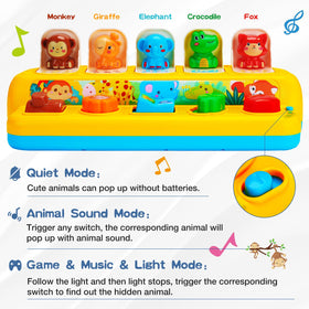 Hieoby pop-up toy in quiet mode revealing animals without sound for calm sessions.