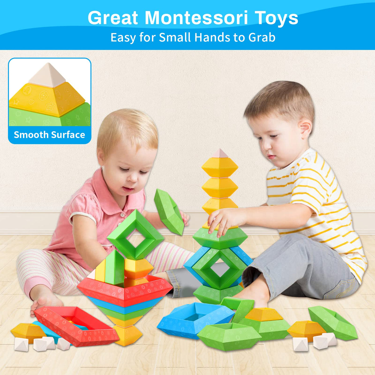 Hieoby sensory blocks promote color and space recognition through hands-on play.