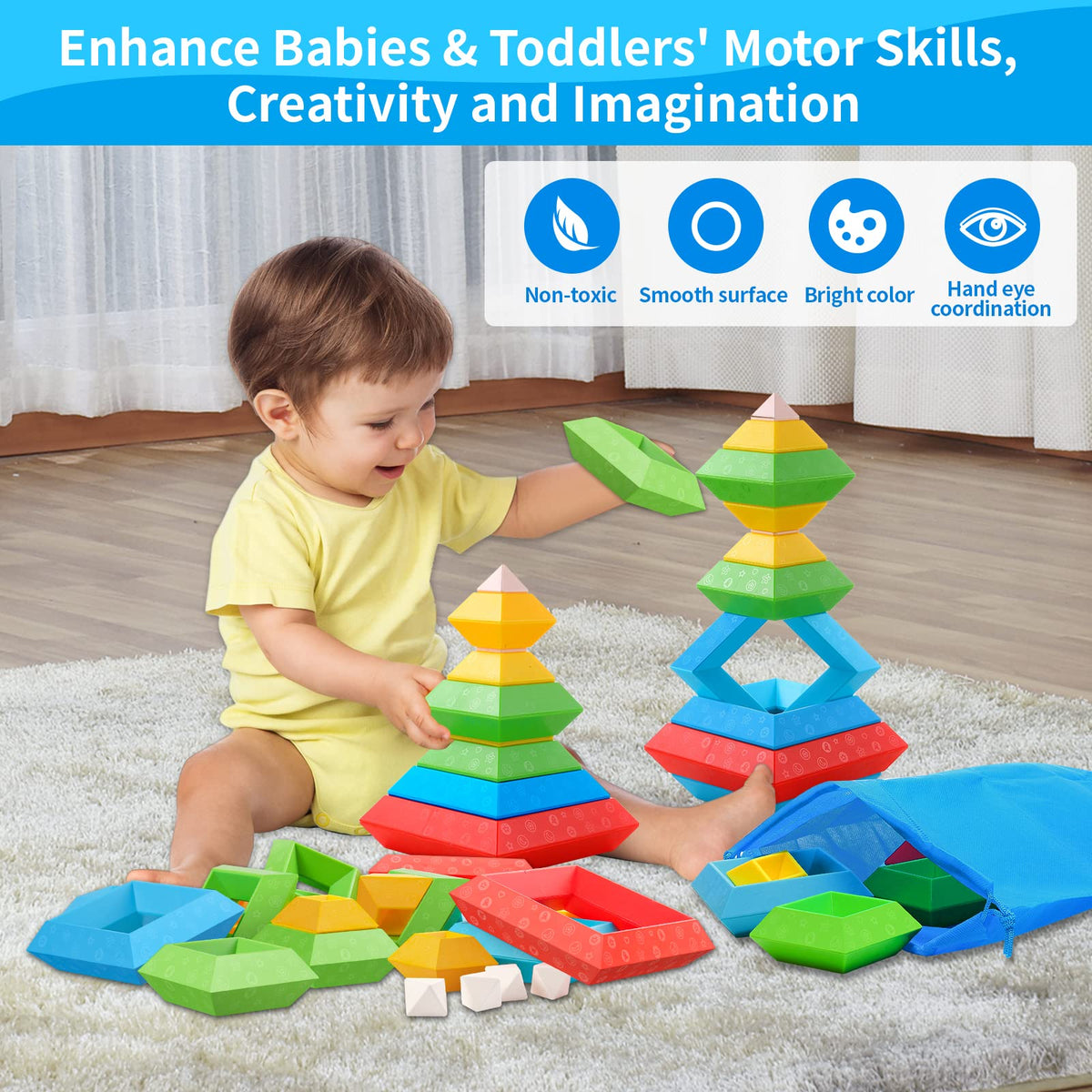 Hieoby stacking blocks showcase bright shapes to inspire fine motor practice.