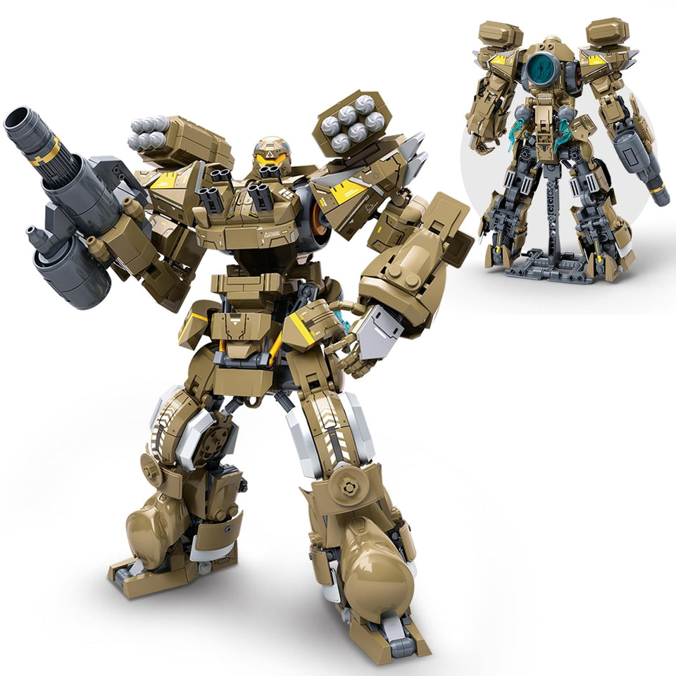 HIGH GODO Artillery Mech front view with bold yellow and grey armor for display