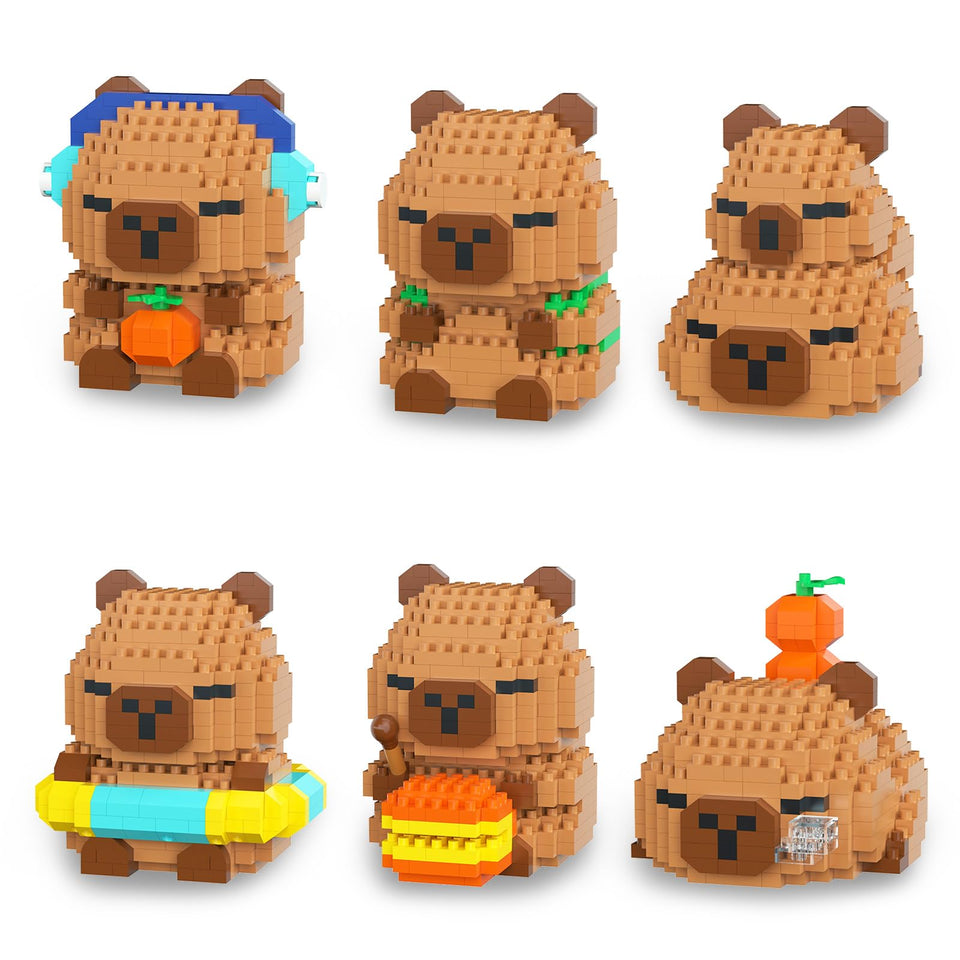 HIGH GODO Capybara building set design showing six unique capybara figures for party favors