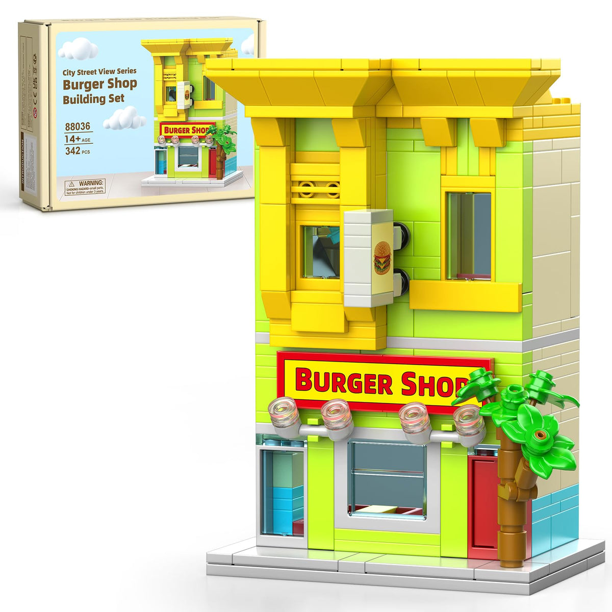 HIGH GODO City Burger Shop Building Set front view with bright storefront for eye-catching display