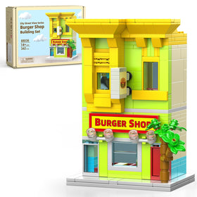 HIGH GODO City Burger Shop Building Set front view with bright storefront for eye-catching display