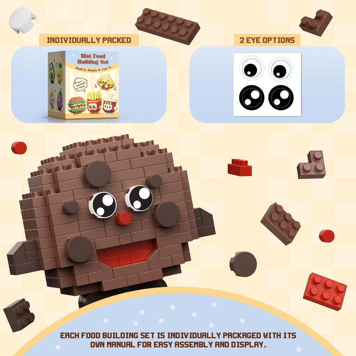 HIGH GODO mini food building blocks are compact for desks and shelves.