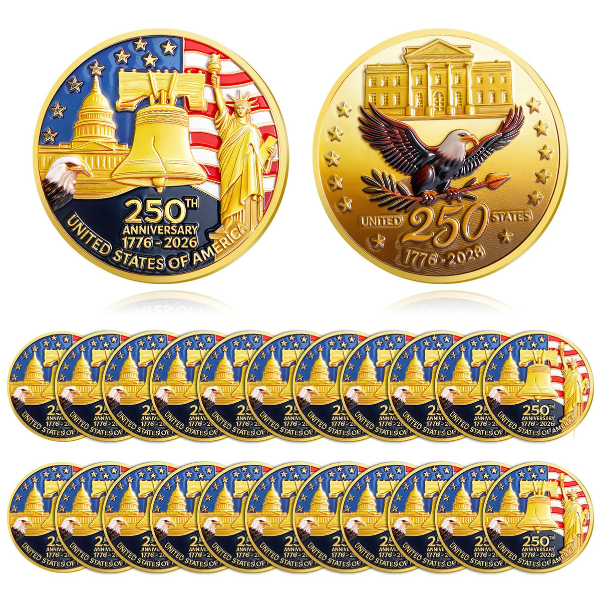 Highergo 250th Anniversary Coin obverse shows Liberty Bell and Capitol in vivid detail for display