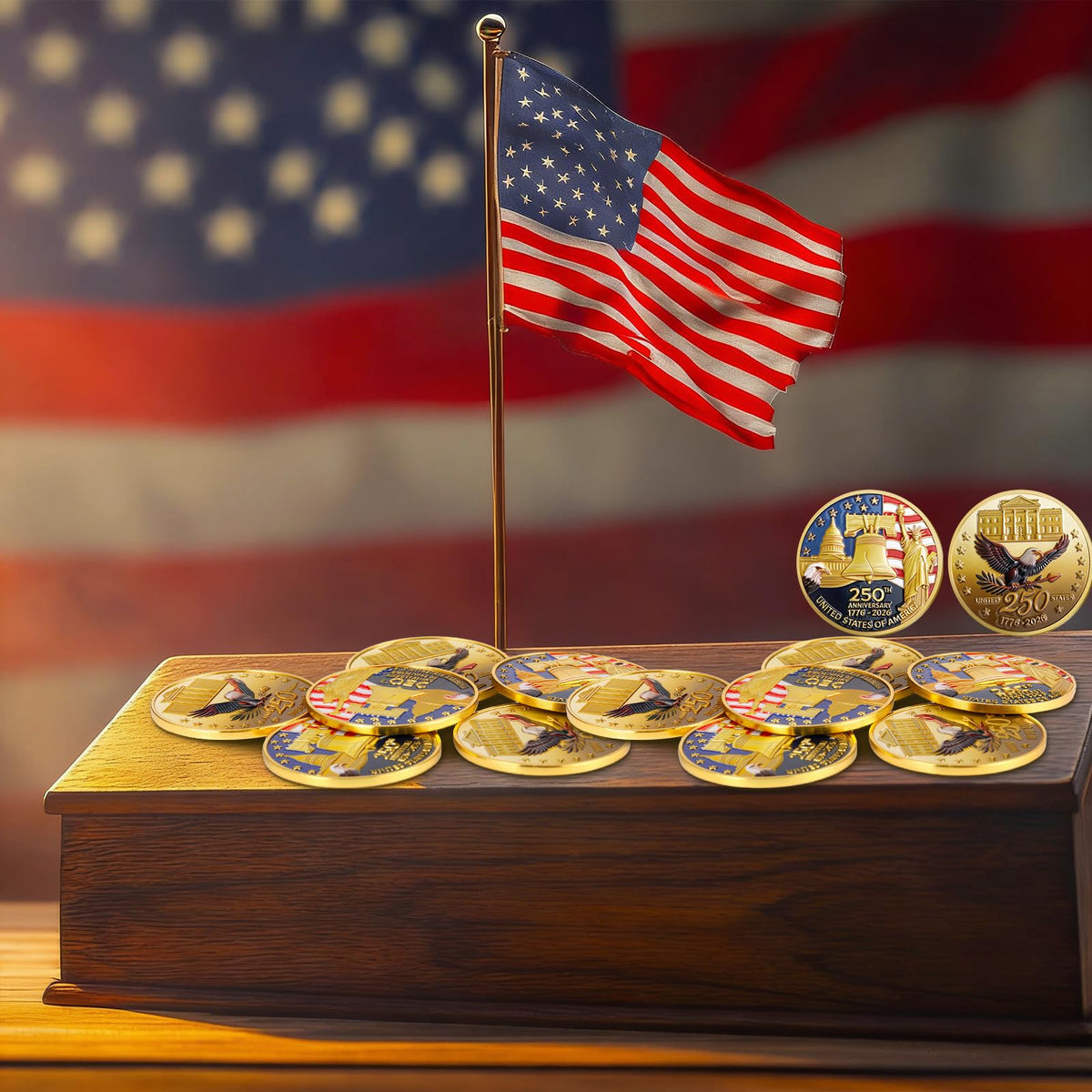 Highergo coins showcase patriotic red, white, and blue motifs for display-worthy appeal