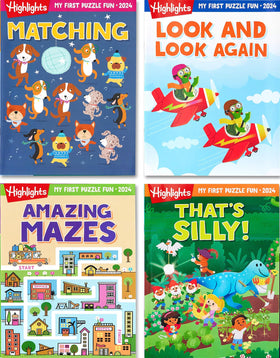 Highlights for Children My First Puzzle Fun cover with inviting puzzles for ages 3–6, ideal for travel.