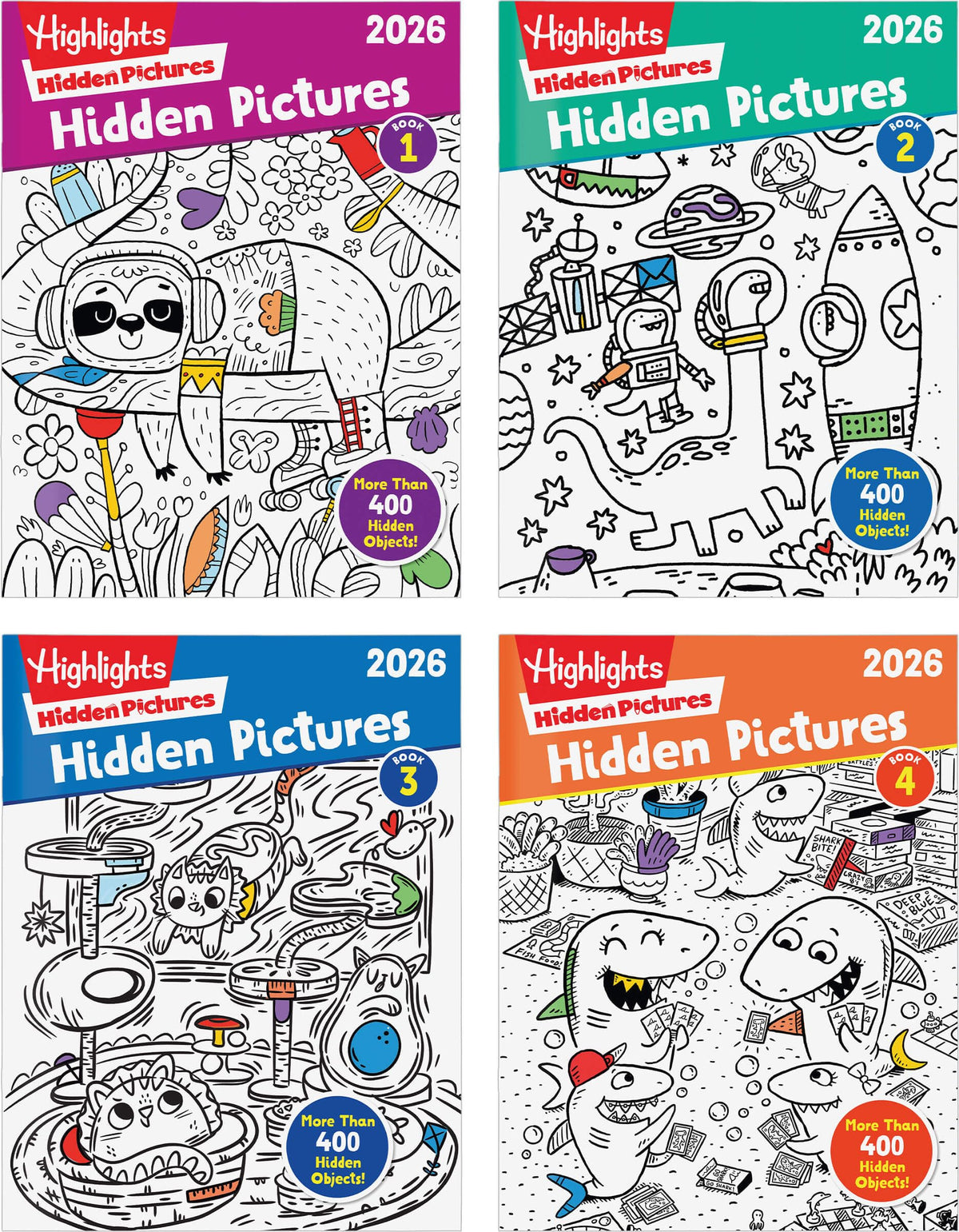 Highlights Hidden Pictures 2026 book cover with four puzzles for screen-free fun