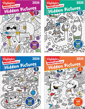 Highlights Hidden Pictures 2026 book cover with four puzzles for screen-free fun