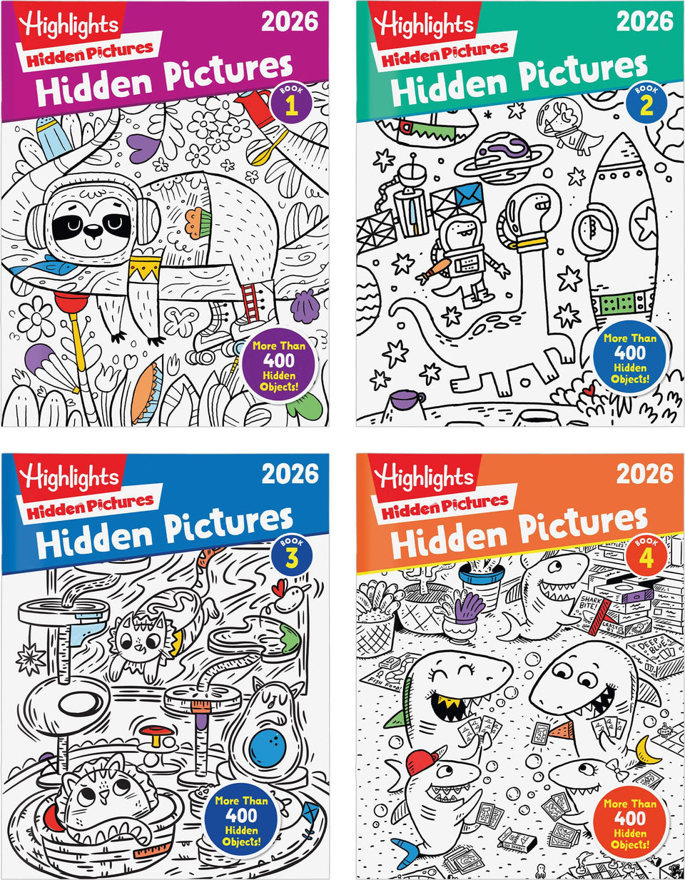 Highlights Hidden Pictures 2026 book cover with four puzzles for screen-free fun