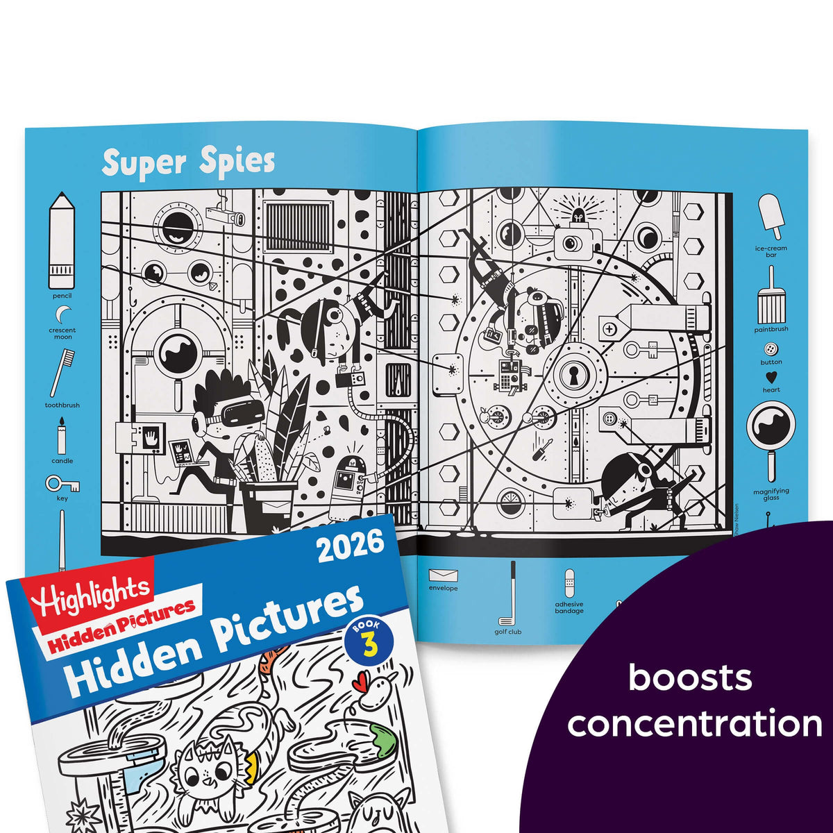 Highlights Hidden Pictures 2026 kid exploring a puzzle scene for focus