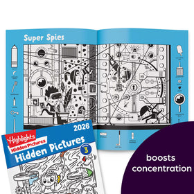 Highlights Hidden Pictures 2026 kid exploring a puzzle scene for focus