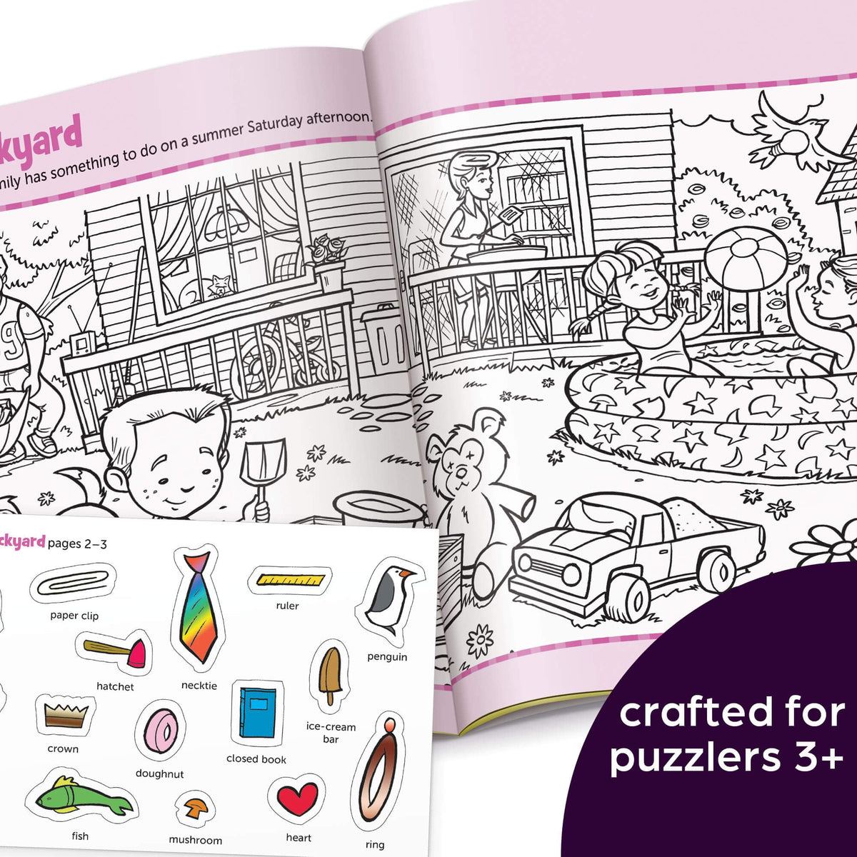 Highlights Hidden Pictures family-themed scenes encourage independent problem solving and persistence.
