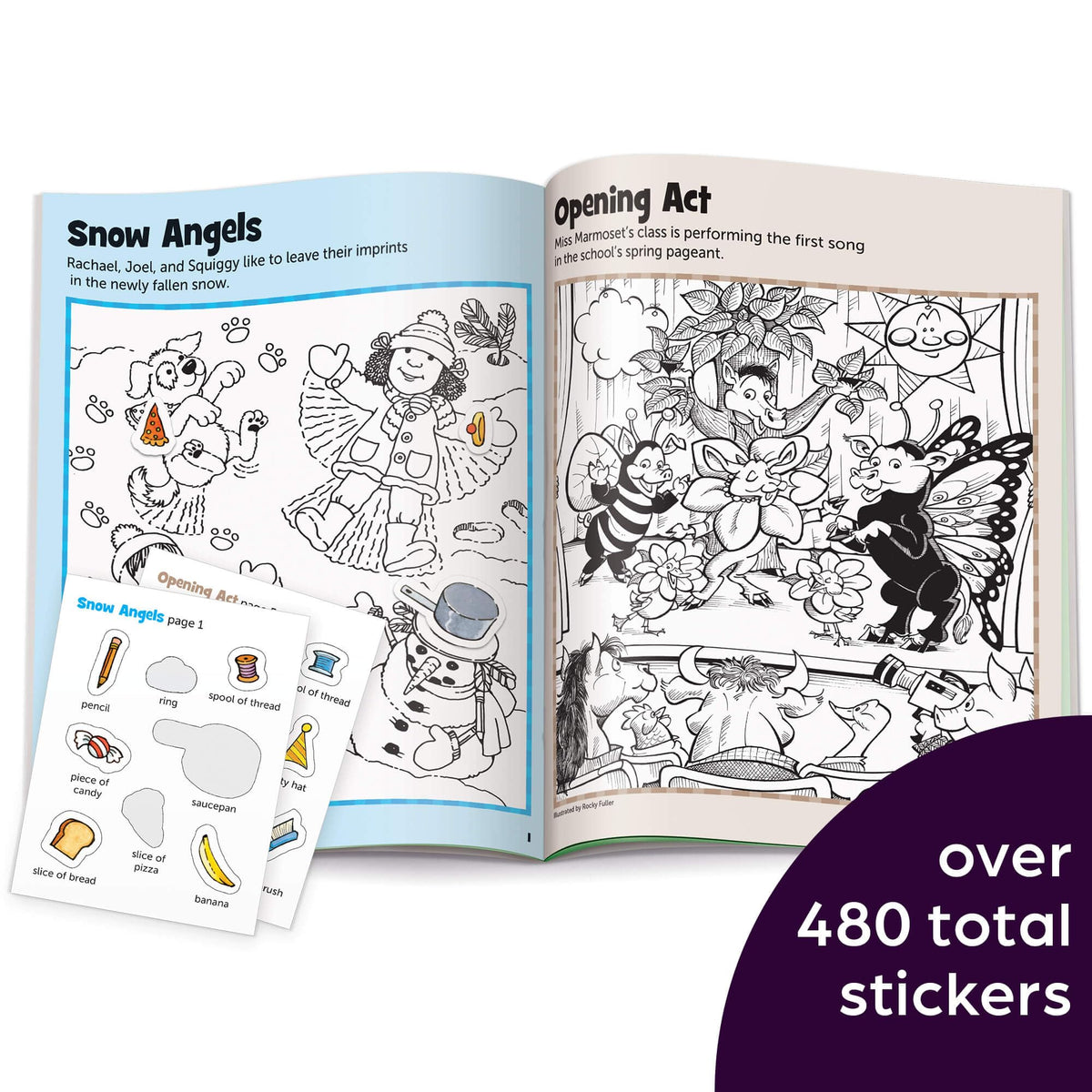 Highlights Hidden Pictures puzzle pages show find-and-color scenes for focus and creativity.