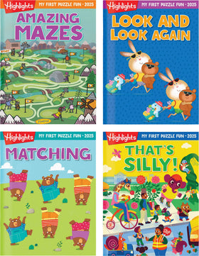 Highlights My First Puzzle Fun 4-book set cover with bright, inviting puzzles for kids