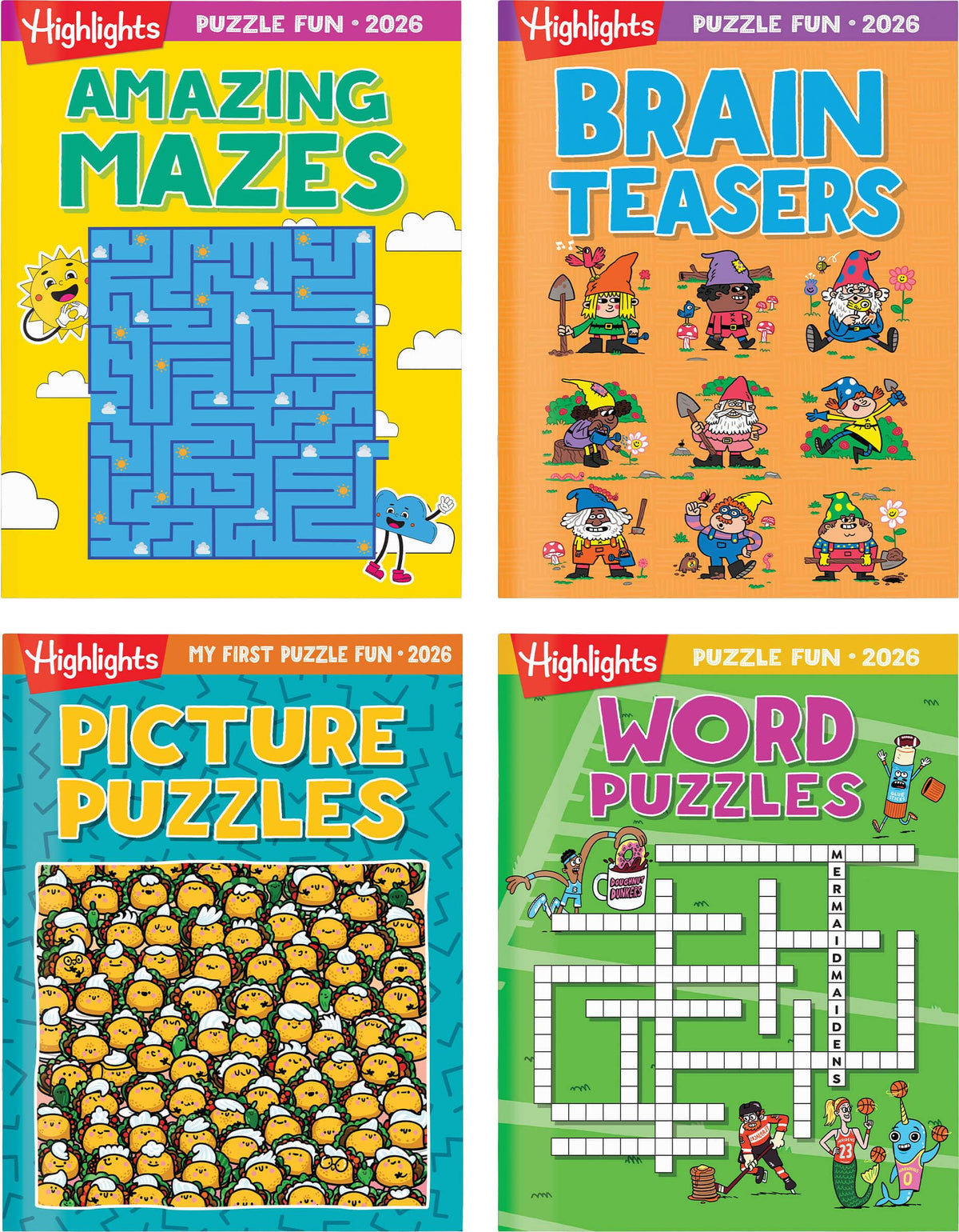 Highlights Puzzle Fun 2026 book cover with four themed puzzles for screen-free entertainment.