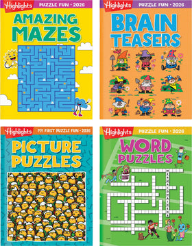 Highlights Puzzle Fun 2026 book cover with four themed puzzles for screen-free entertainment.