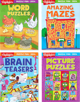 Highlights Puzzle Fun 4-Book Set covers display vibrant pages for screen-free entertainment.