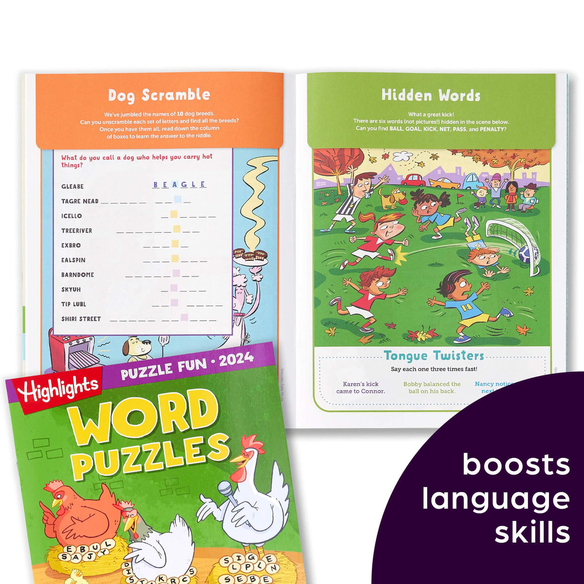 Kids reading Highlights puzzle pages, building focus and imagination during quiet time.