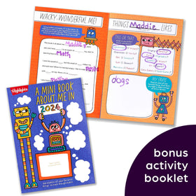 Mini Book About Me invites doodling and self-expression with prompts and stickers.