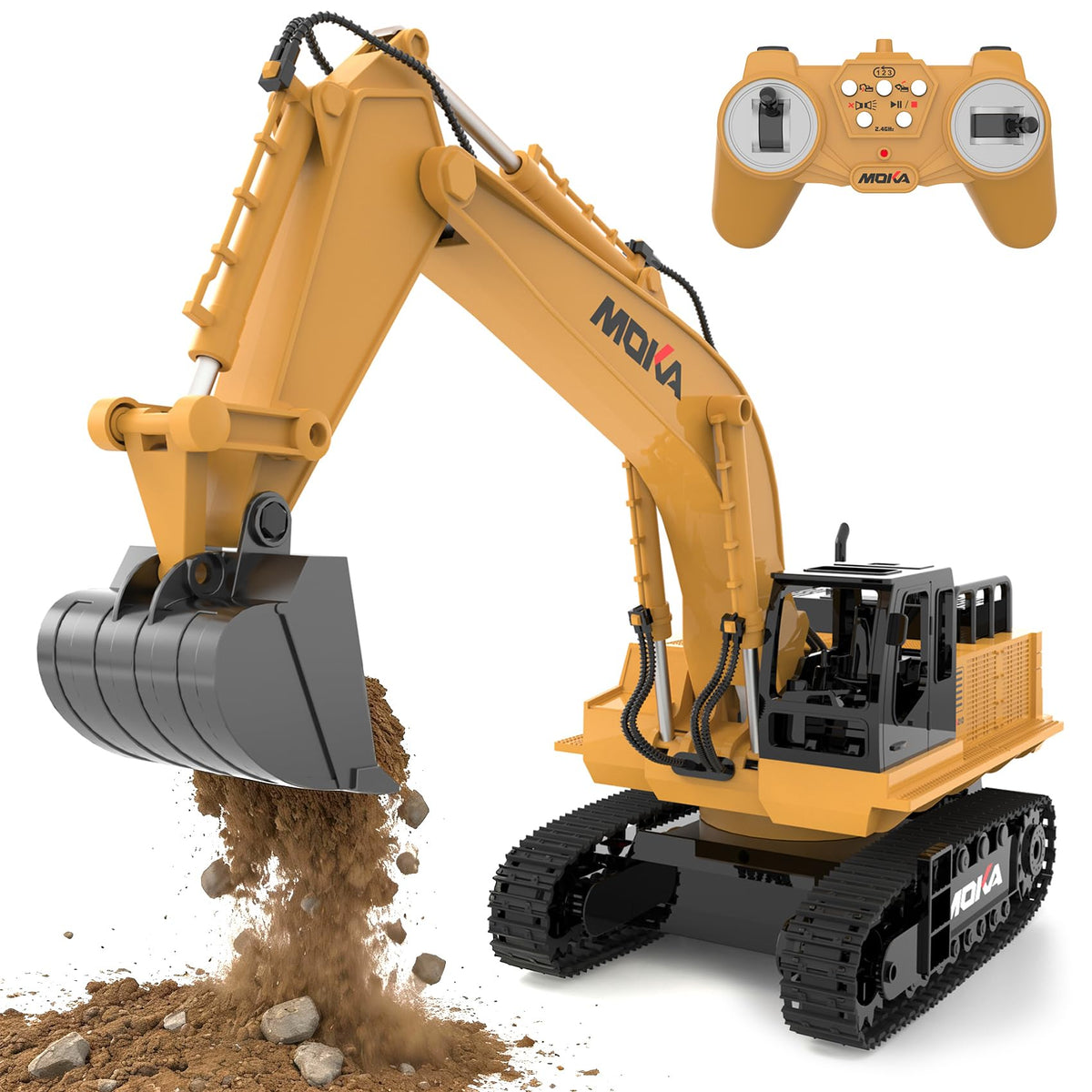 Highmall RC excavator toy front view with lights for immersive play