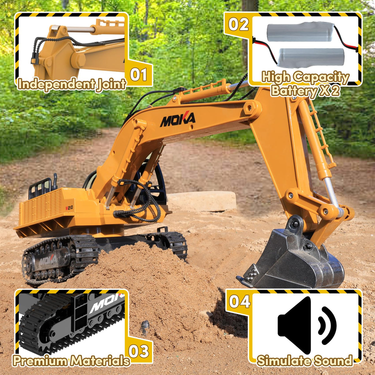 Highmall RC excavator toy side view showing durable rubber tracks
