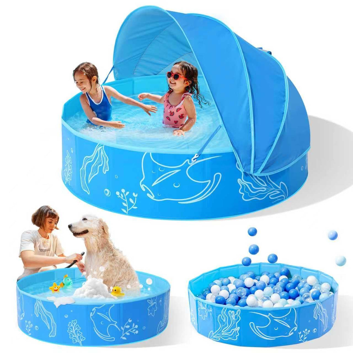 Hikiddy foldable pool with canopy in 47in provides sun shade for outdoor play.