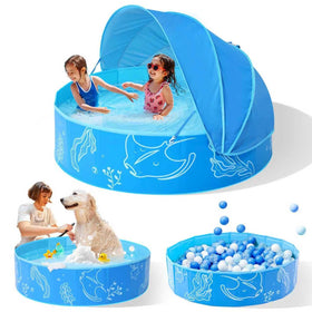 Hikiddy foldable pool with canopy in 47in provides sun shade for outdoor play.