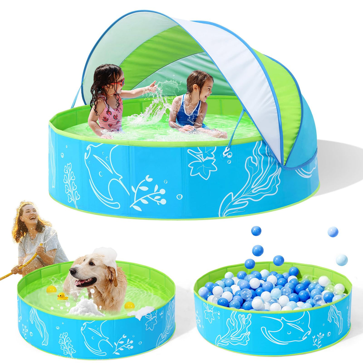 Hikiddy foldable pool with canopy provides sun protection for outdoor play
