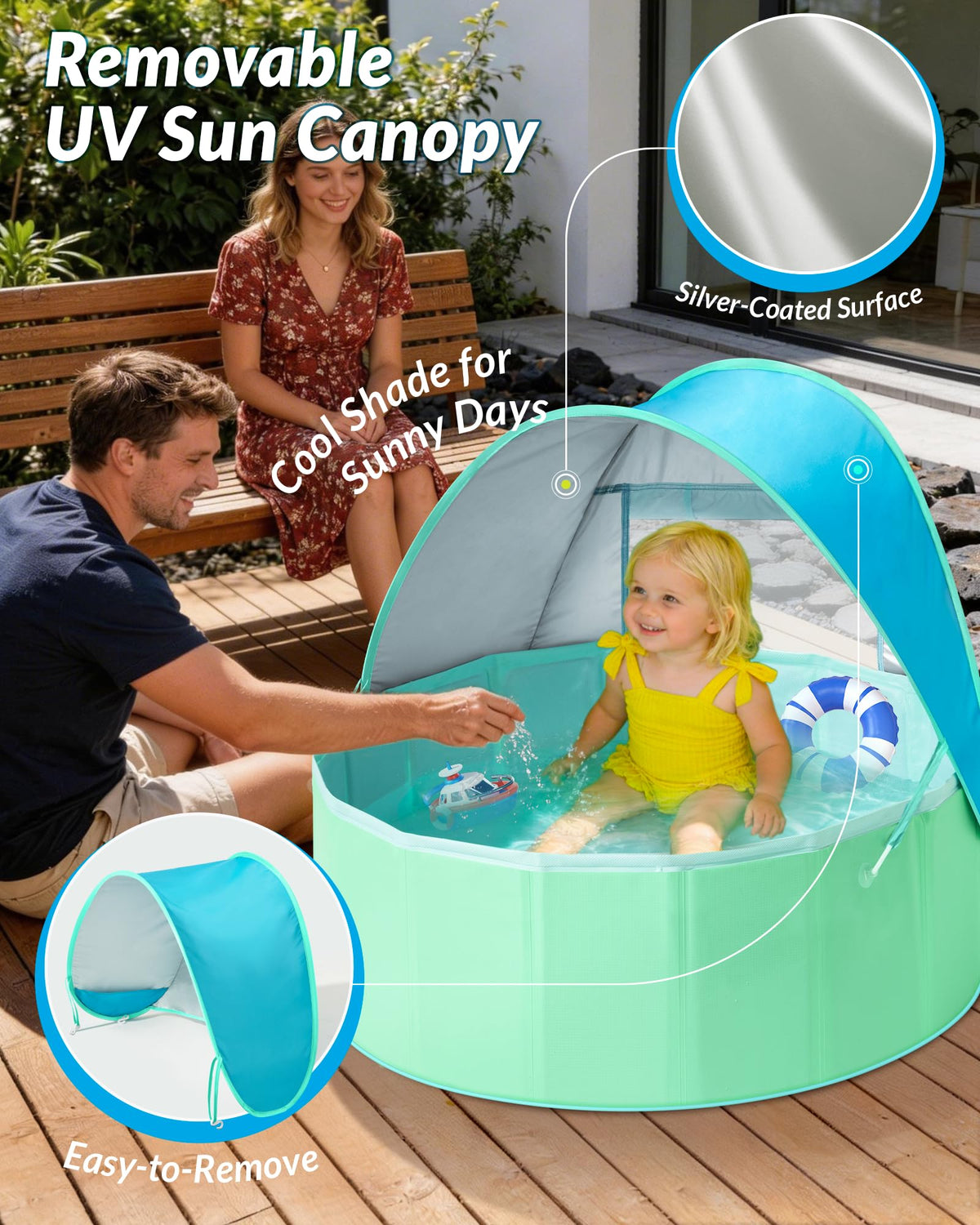 Hikiddy lightweight foldable pool packed into carry bag for easy storage.