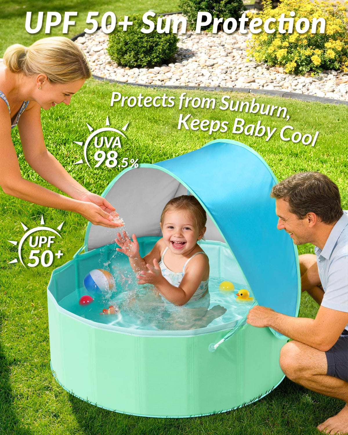 Hikiddy non-inflatable pool with stable bottom during supervised water play.