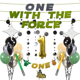 Hilgue One With The Force felt banner adds galaxy vibes for a first birthday party.