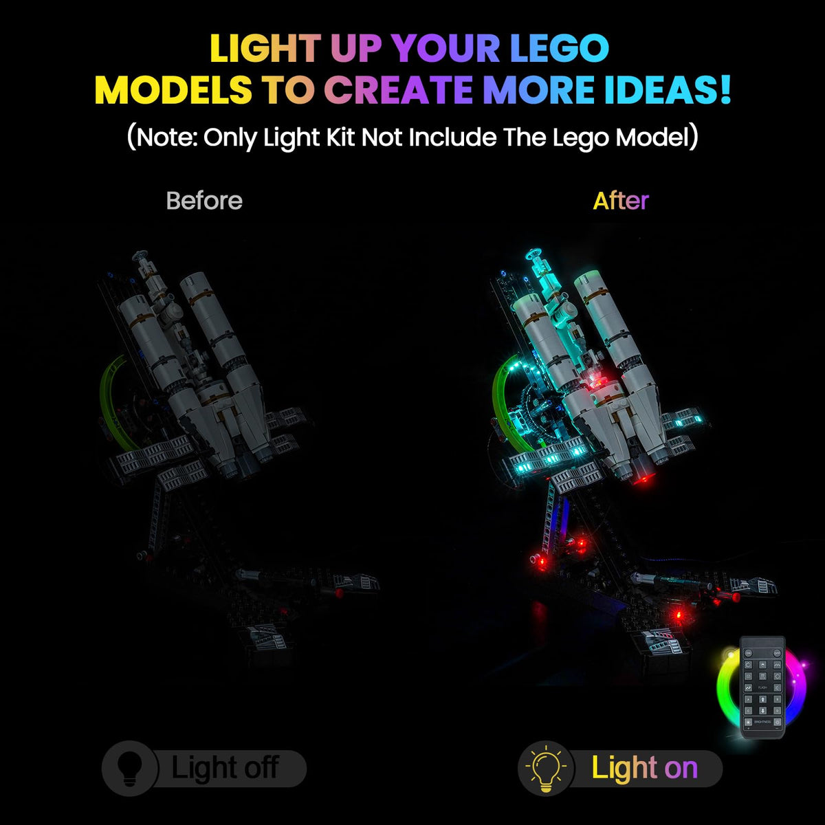 Hilighting LED kit highlights LEGO 11389 RC version for dramatic room decor.