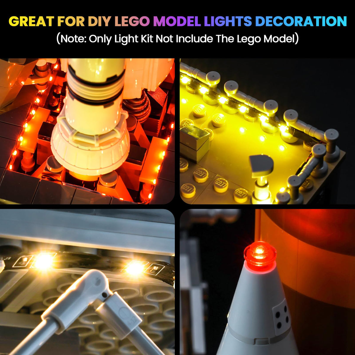 Hilighting LED kit's color-changing effects highlight features of the Lego model.