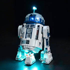 Hilighting LED light kit for Lego R2-D2 model illuminates details with vibrant glow.