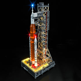 Hilighting upgraded LED light kit illuminates Lego Artemis assembly for vibrant display.