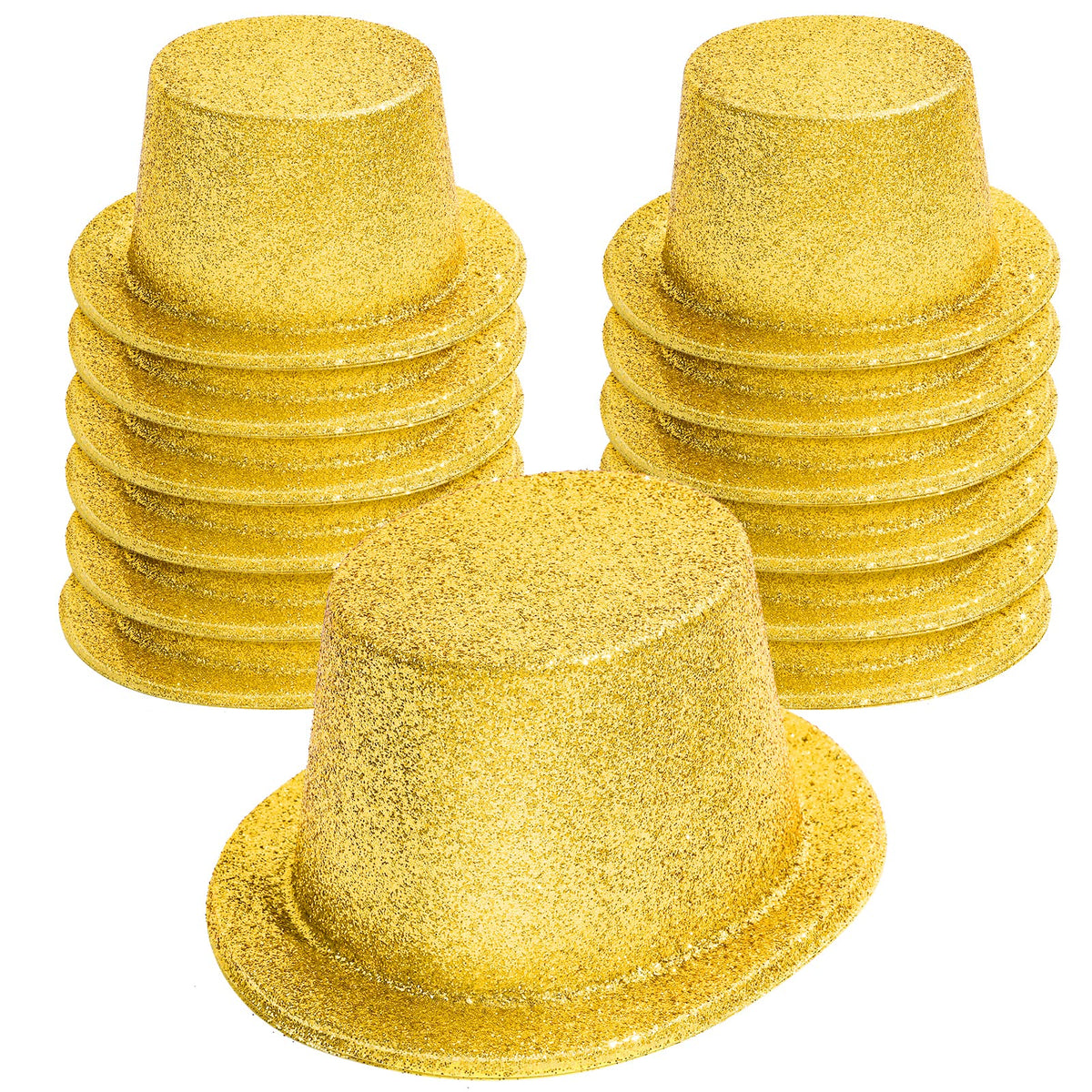 Hillban 12-pack gold glitter top hats arranged for festive party use