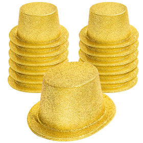 Hillban 12-pack gold glitter top hats arranged for festive party use