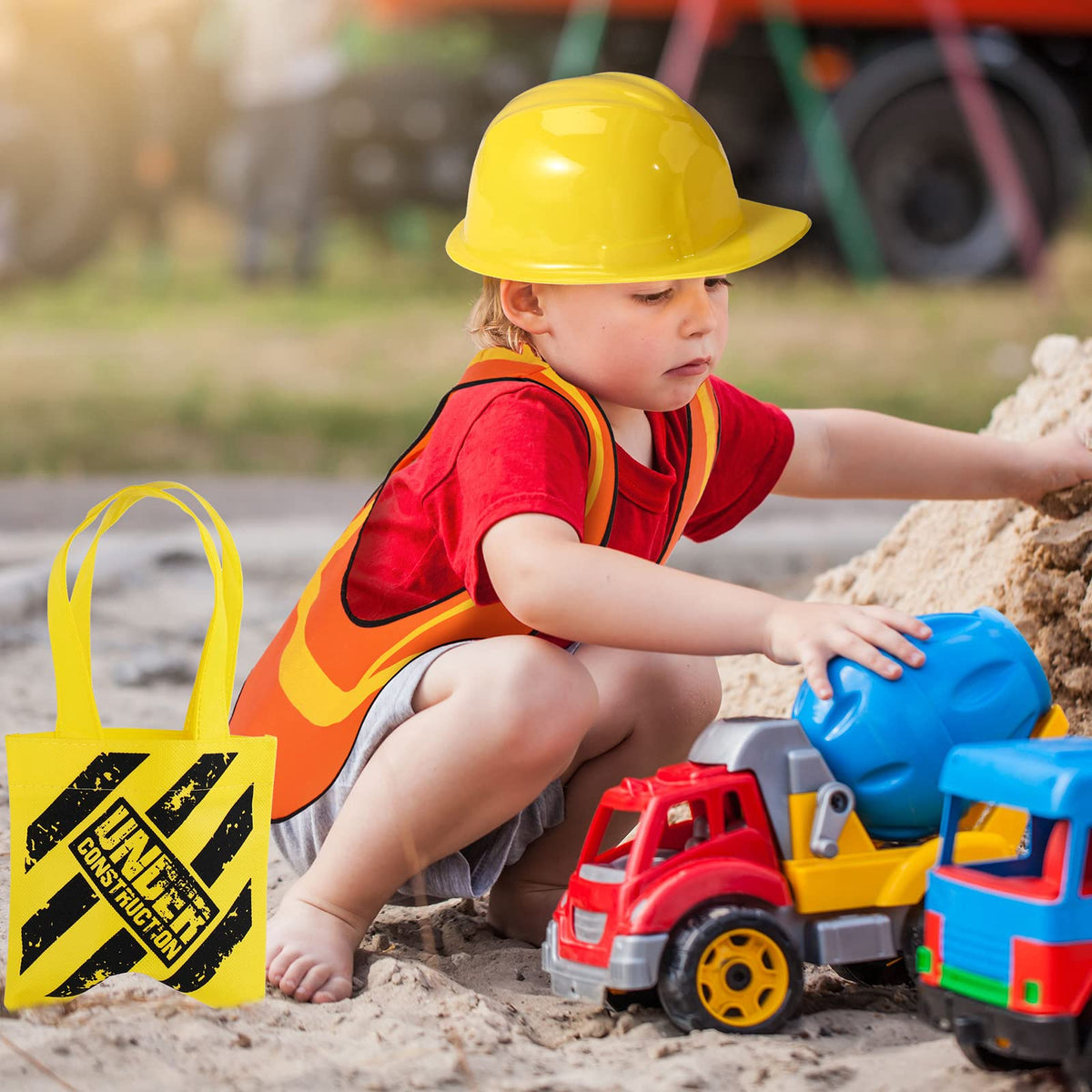 Hillban construction kit display, multiple vests and hats arranged for party inspiration.