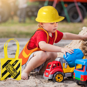 Hillban construction kit display, multiple vests and hats arranged for party inspiration.