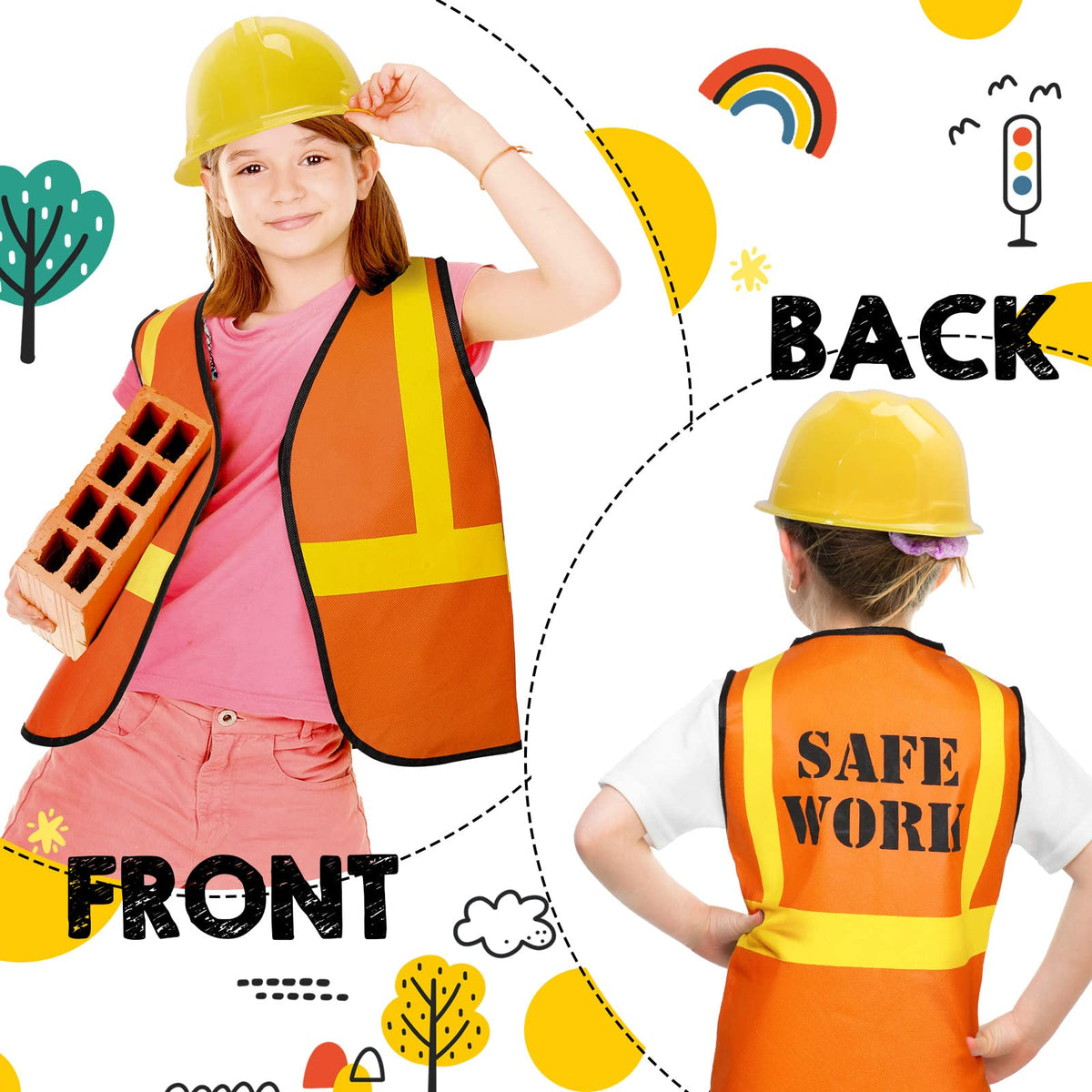 Hillban construction tote bag close-up, roomy pocket for candy and small toys.