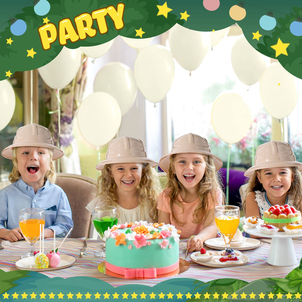Hillban party favors featuring beige safari hats for guests