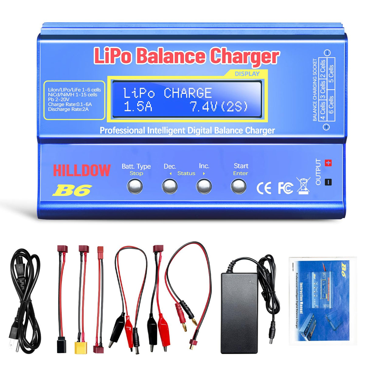 Hilldow B6 charger front view, compact design for portable RC battery charging